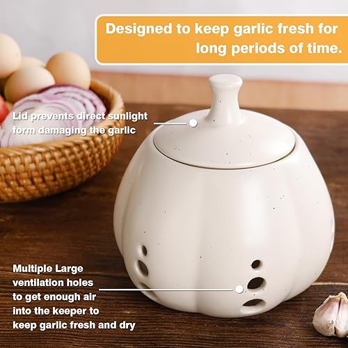 Miniatura 3 de BosilunLife Contenedor de ajo para mostrador  Contenedor de ajo con tapa, soporte grande de cerámica para cocina, soporte de ajo para encimera para