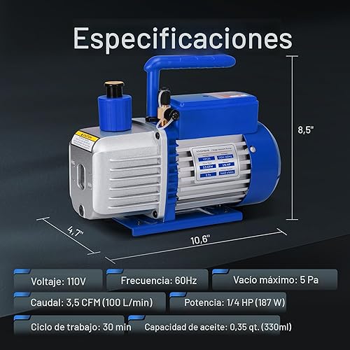 Miniatura 7 de VIVOHOME 110V 14 HP 3.5 CFM Bomba de vacío de aire de paleta rotativa de una etapa y kit de manómetro de colector de CA R134a para HVAC Aire