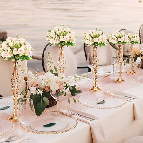 Miniatura 7 de Juego de 6 centros de mesa para mesas de boda de 23 pulgadas de alto, arreglo floral de metal, jarrón de recepción y portavelas giratorio, para