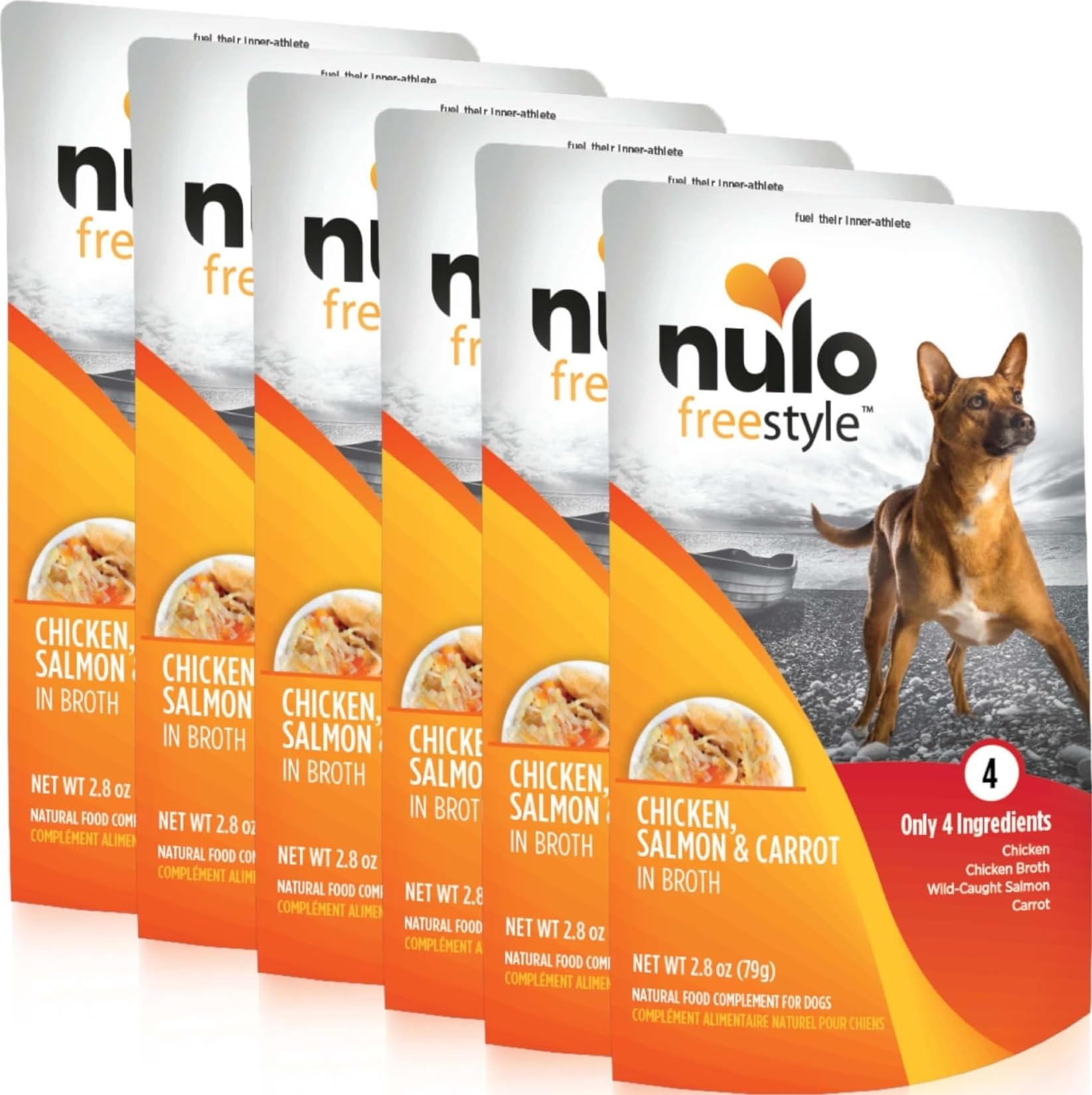 Nulo Freestyle Chicken, Salmon &amp; Carrot in Broth Real Meat Dog Food Topper, 2.8 Ounce (Pack of 6)