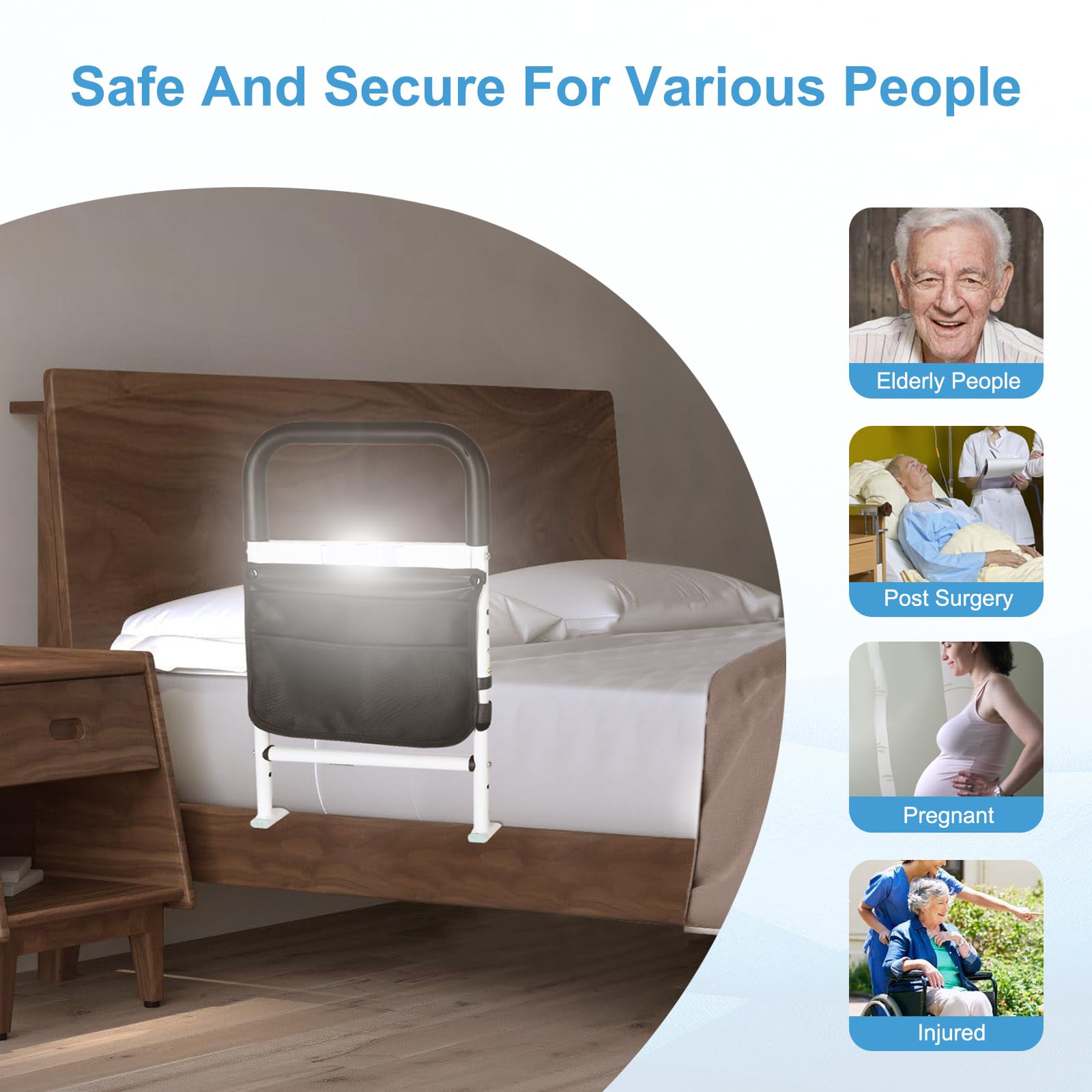 Rieles de Cama para Adultos Mayores, Riel de Ayuda para Cama de Altura Ajustable para Personas Mayores Barra de Agarre para Evitar Caídas junto a la Cama con Bolsa de Almacenamiento y Correa de Fija