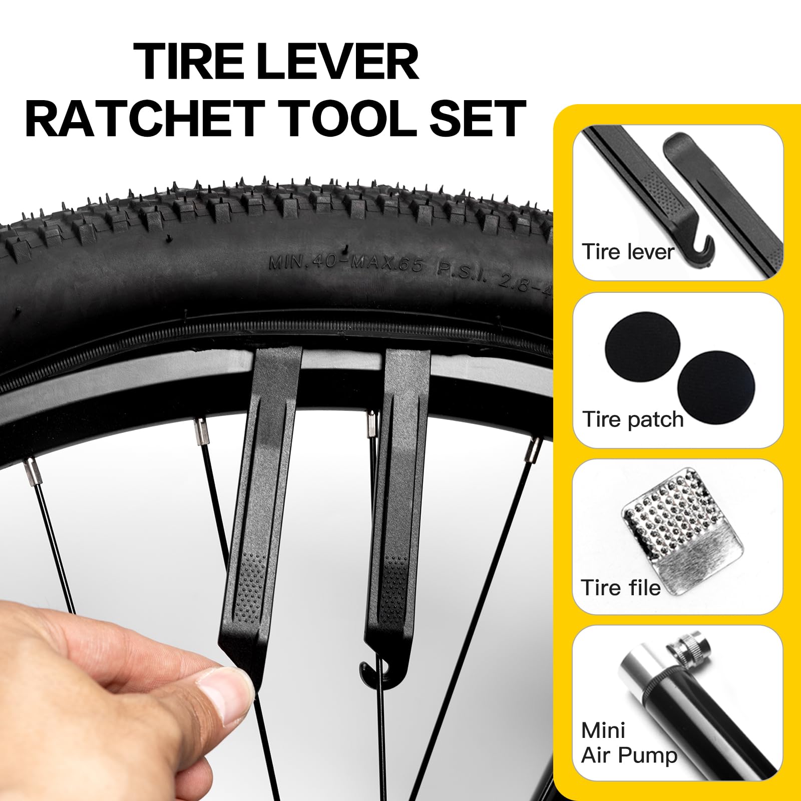 Kit di riparazione per bici multiuso, attrezzi portatili per biciclette con toppa per pneumatici, leva pneumatici, chiave a cricchetto, punte per cacciavite, mini pompa ad aria (kit di attrezzi con