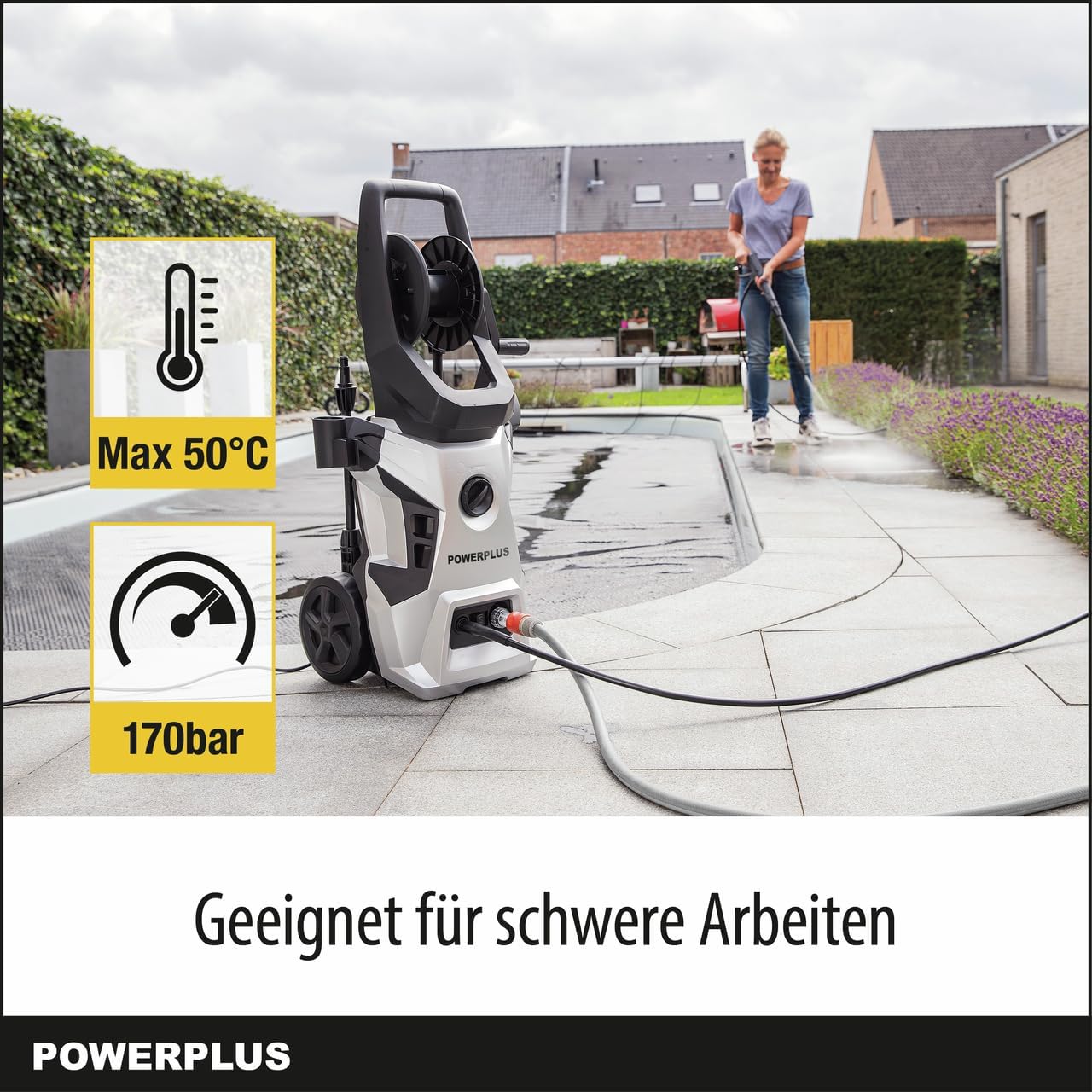 POWERPLUS POWXG90500 Pressure Washer showing 170 bar pressure and 50°C max temperature