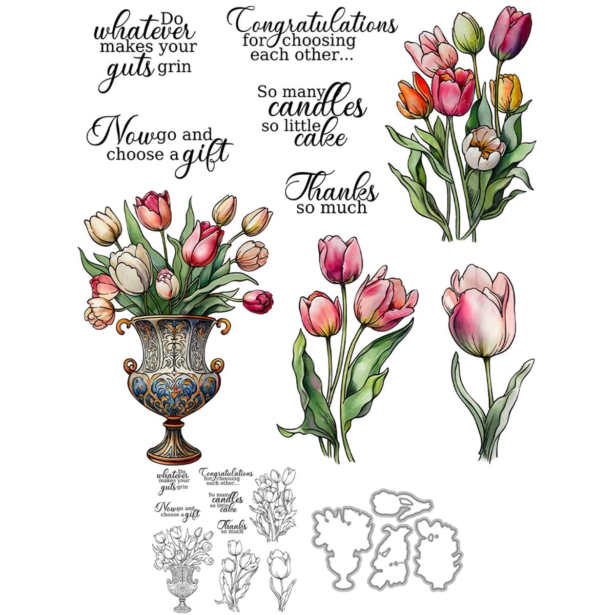 Tulips Stamps and Die Cuts for Card Making Vase Transparent Silicone Clear Stamp and Metal Cutting Dies Sets for DIY Scrapbooking Paper Crafting Seals Decorative Supplies