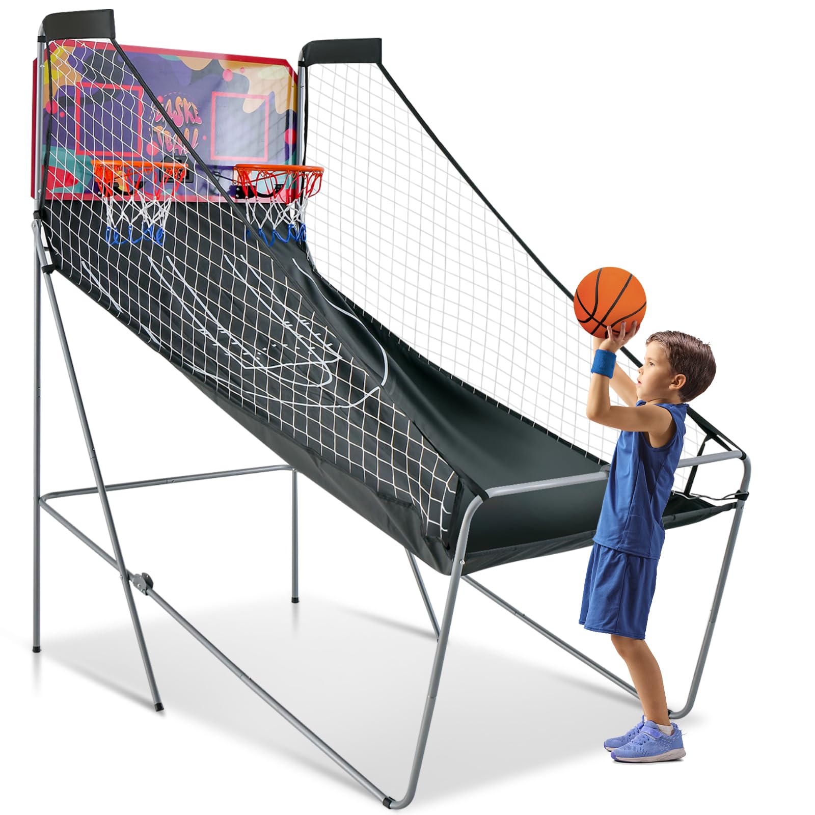 GYMAX Foldable Basketball Arcade Game with 8 Game Modes, Voice Prompt, Double Hoops and Scorer, Indoor Outdoor Basketball Hoop for Kids and Adults (Purple+Black)