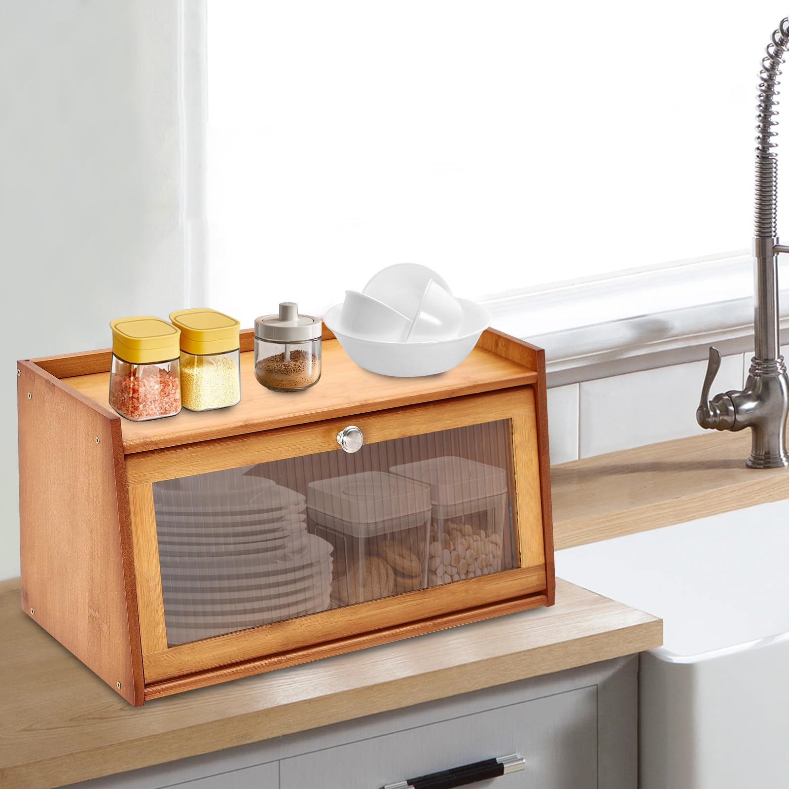 Armadietto in bambù a 2 ripiani con anta – Mini piano di lavoro per cucina, buffet, per pane, dispensa, artigianato, strumenti di cucito, primo soccorso, credenza 50 x 25 x 27 cm