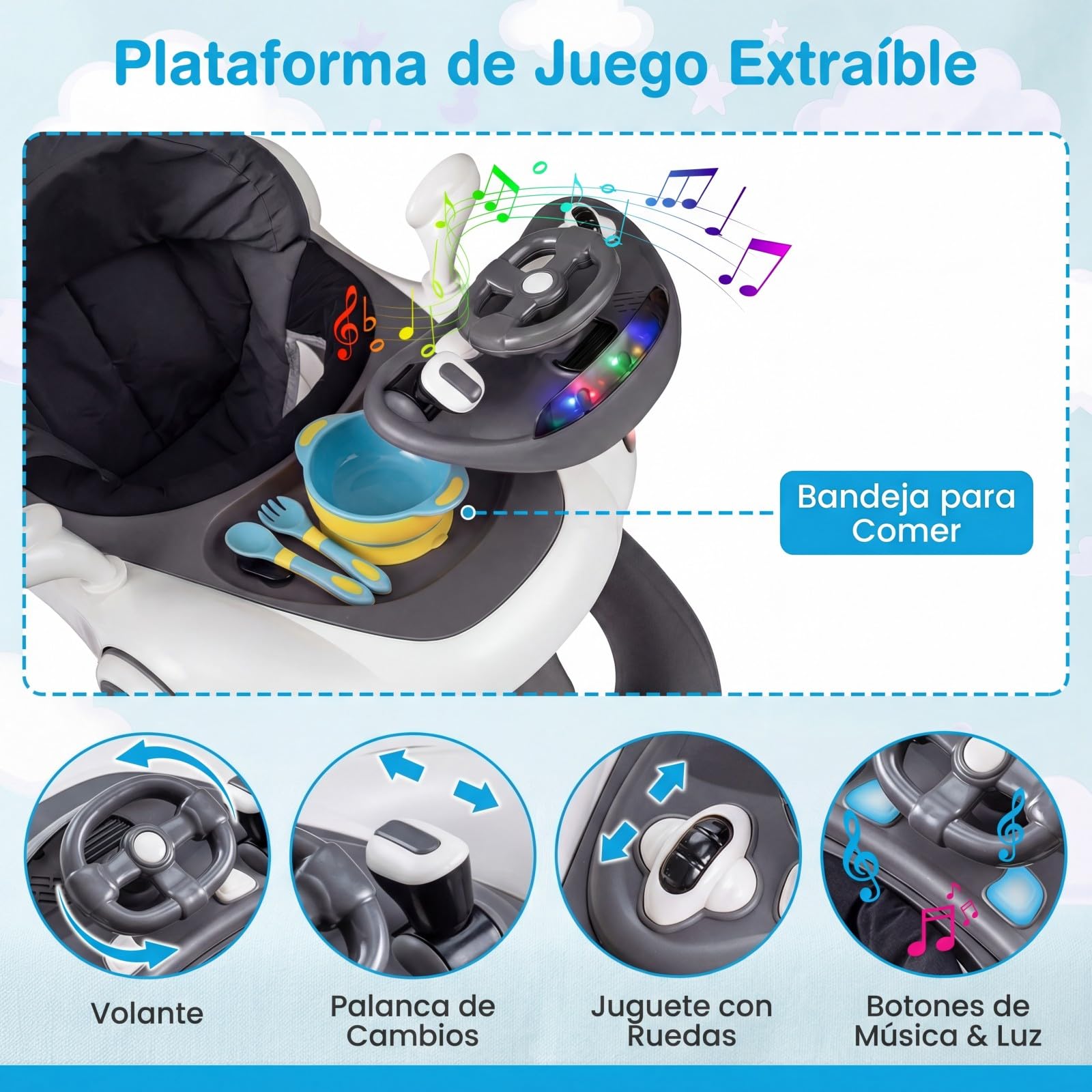 COSTWAY 7 en 1 Andador Bebes con Capota, Tacata Bebe Plegable con Altura y Velocidad Regulables con Modo Mecedora, Música, Luces y Diseño Antivuelco,Caminador para Bebe de 7-18 Meses (Gris y Blanco) - 4