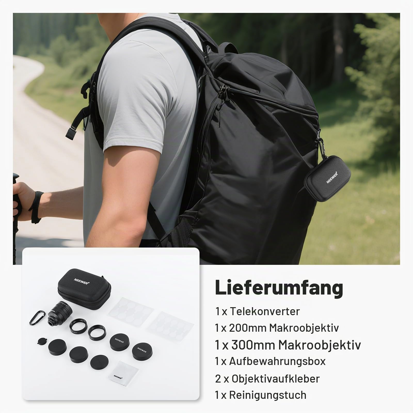 NEEWER 2X Konverter mit 200mm und 300mm Makroobjektiven nur für Handykameras Teleobjektiv, 7 Elemente in 5 Gruppen, 17mm Gewinde kompatibel mit iPhone Android Samsung Xiaomi Handykäfig/hülle, LS-79
