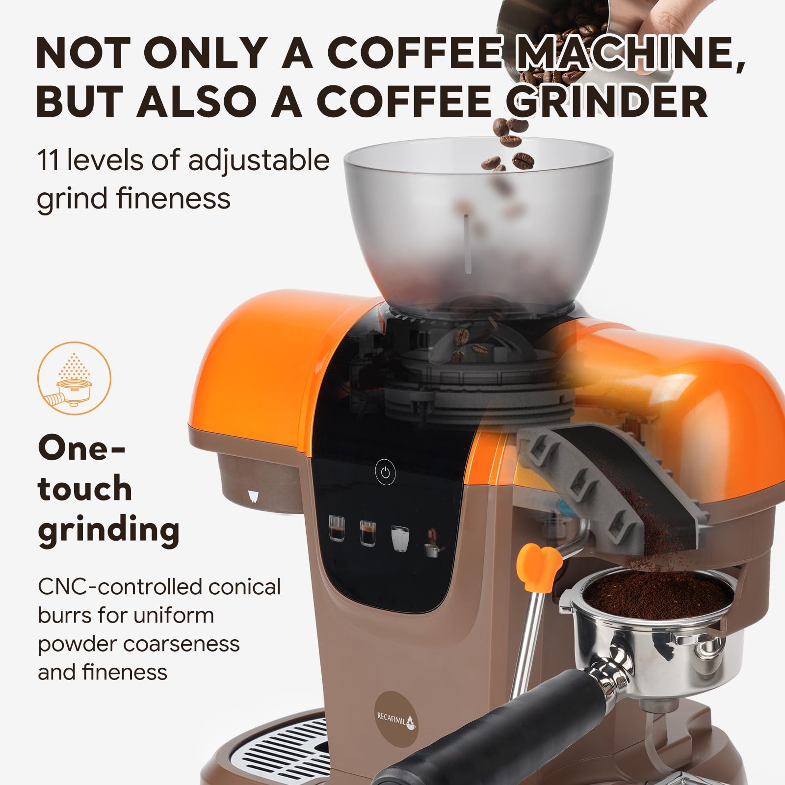 RECAFIMIL19 Bar Espressomaschine mit Bohnenmühle, 2-in-1-Kaffeemaschine, Cappuccino- und Latte-Zubereiter mit Milchaufschäumer, Touchpanel, abnehmbarer Wassertank (Orange)