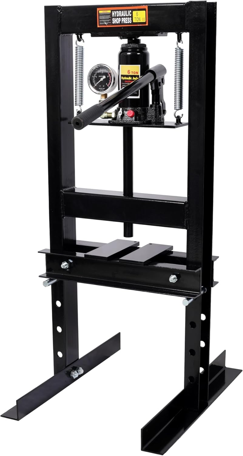 Hydraulic Shop Press, 6 Ton H-Frame Professional Garage Floor Adjustable Bearing Press with Gauge, Heavy-Duty Machine for Bending, Straightening, Installing Bearings & Bushings (Black,6 Ton+Gauge)
