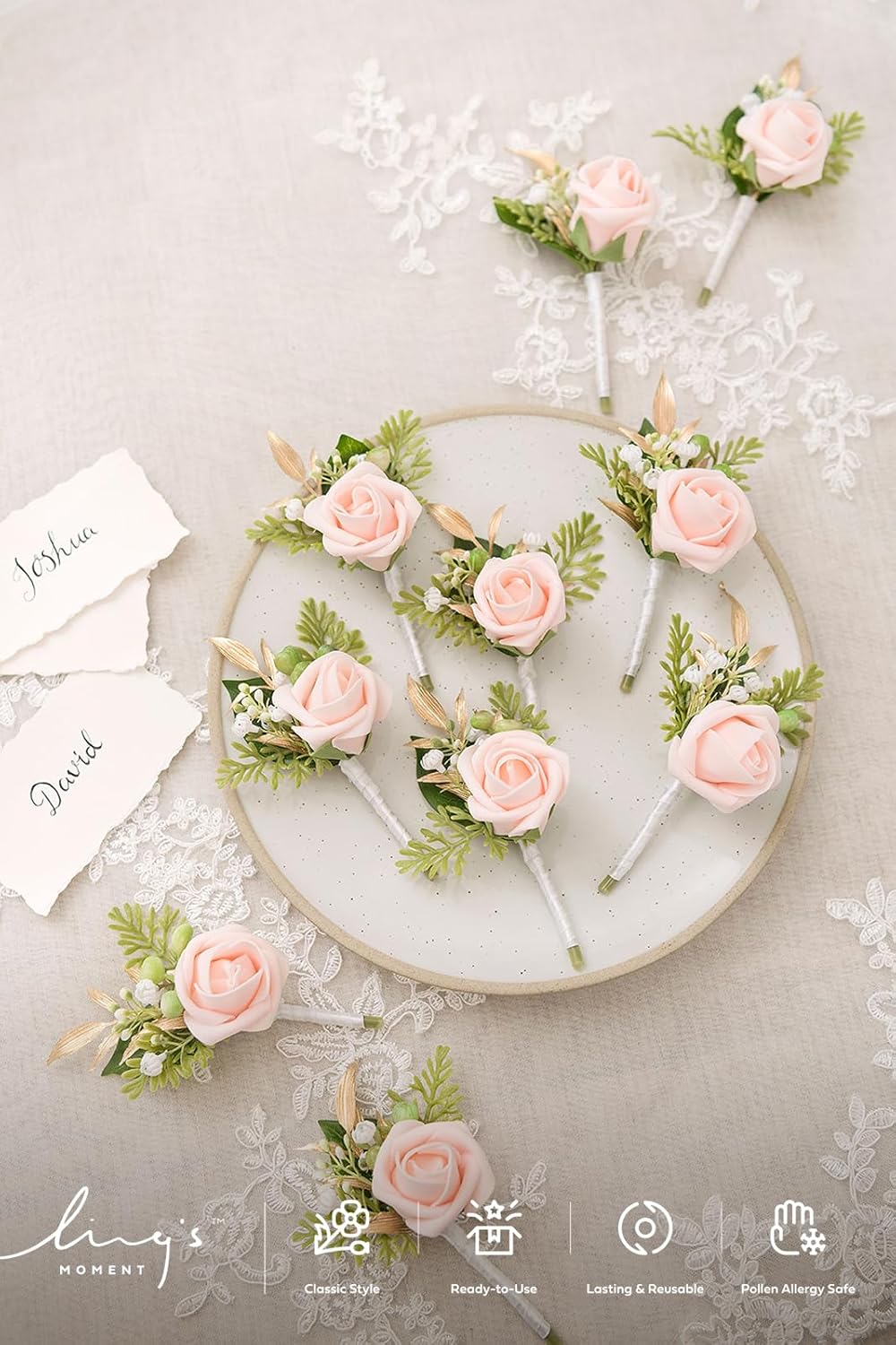 Ling's moment Boutonniere for Men, 10pcs Groomsmen Guest Boutonniere, Artificial Flowers for Wedding Décor/Prom/Homecoming,etc.Blush Pink