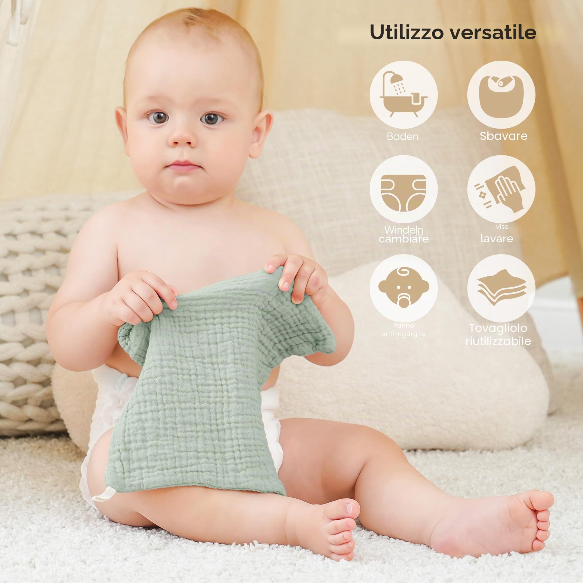 bearmoss Bambino in Mussola Per Neonati, 10 Pezzi Set 25x25cm, Super Morbido Assorbente in Mussola A Grana Per Neonati, Unisex, Per Bambine E Ragazzi (Verde grigiastro)