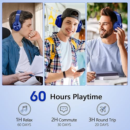 Miniatura 9 de Tuitager Auriculares Bluetooth sobre la oreja, 60 horas de reproducción, plegables, ligeros, inalámbricos, estéreo de alta fidelidad con 6 modos de
