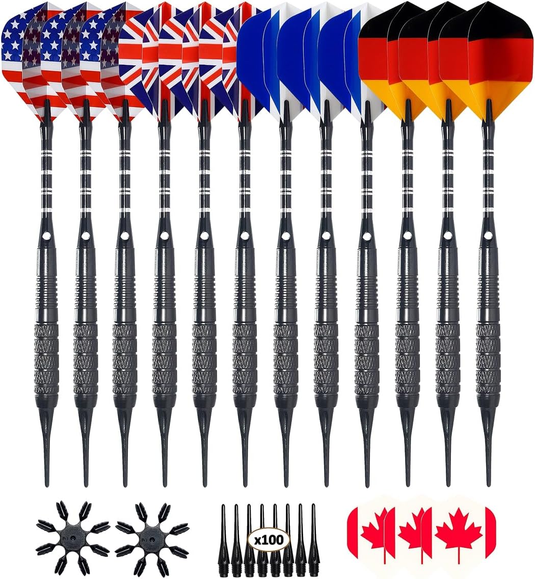 12 Pack Soft Tip Darts - Plastic Tip Darts 18 Grams with 100 Extra Dart Tips, Dart Flight Protector, Aluminum Shafts and Rubber O-Rings