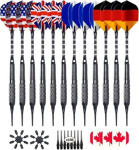 Paquete de 12 dardos de punta suave – Dardos de punta de plástico de 0.63 oz con 100 puntas de dardos adicionales, 15 vuelos, protector de vuelo de