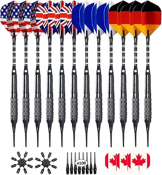 12 Pack Soft Tip Darts - Plastic Tip Darts 18 Grams with 100 Extra Dart Tips, Dart Flight Protector, Aluminum Shafts and Rubber O-Rings