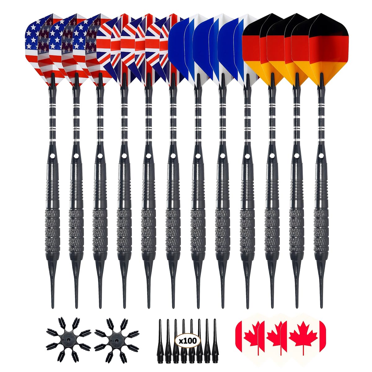 12 Pack Soft Tip Darts - Plastic Tip Darts 18 Grams with 100 Extra Dart Tips, Dart Flight Protector, Aluminum Shafts and Rubber O-Rings