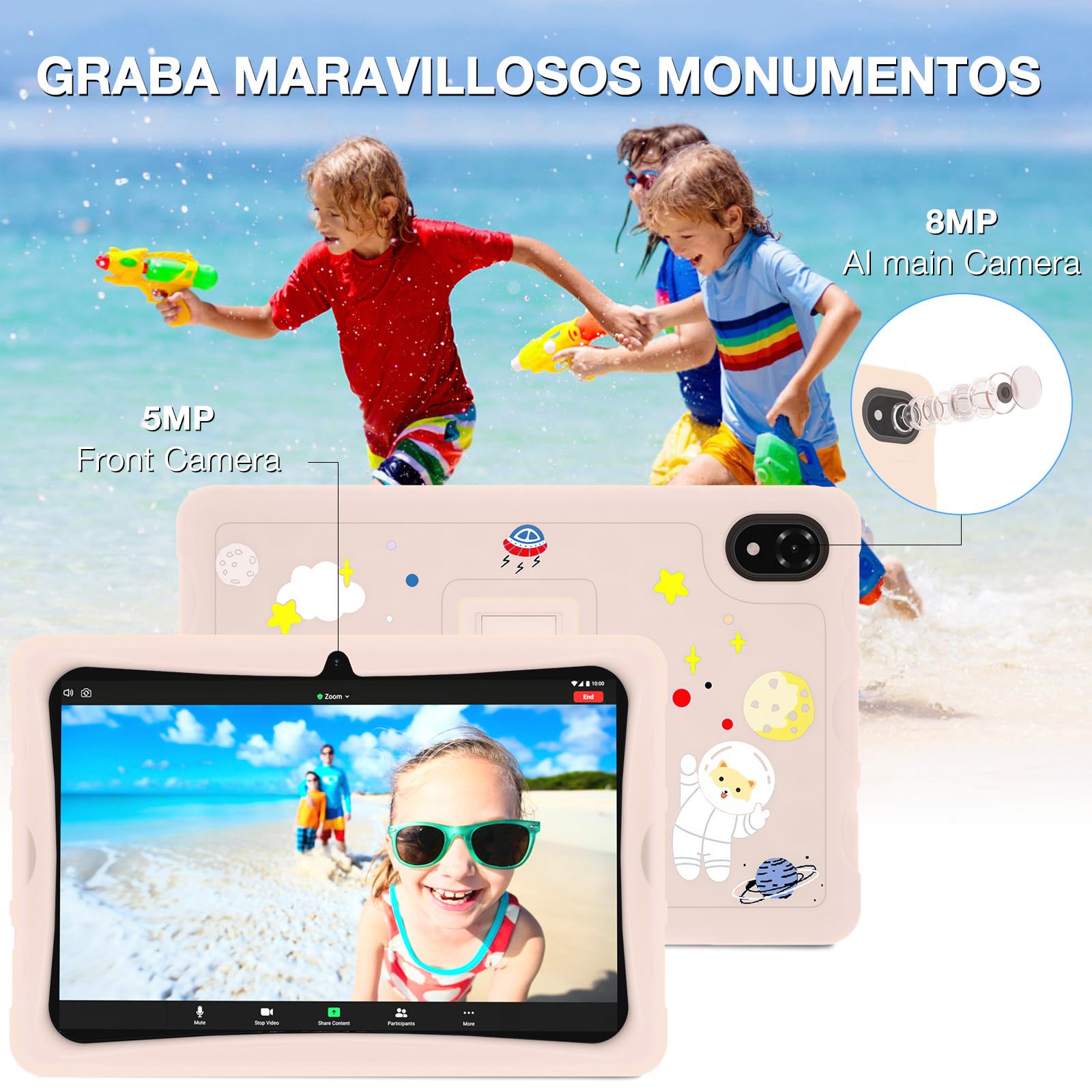 U10Kid Tablet Niños 10.1 Pulgadas Android 13, 9GB +128GB (TF 1TB), Certificado TÜV&DRM L1, WiFi 6, Bluetooth, Kids Juego Educativos, Cámara Dual, Control Parental, Kid-Proof Funda Tablet -Rosa