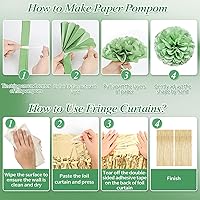 Vista 7 de Decoraciones de cumpleaños verde salvia, globos verde oliva dorado blanco arena, pancarta de feliz cumpleaños, mantel, cortina de flecos dorados