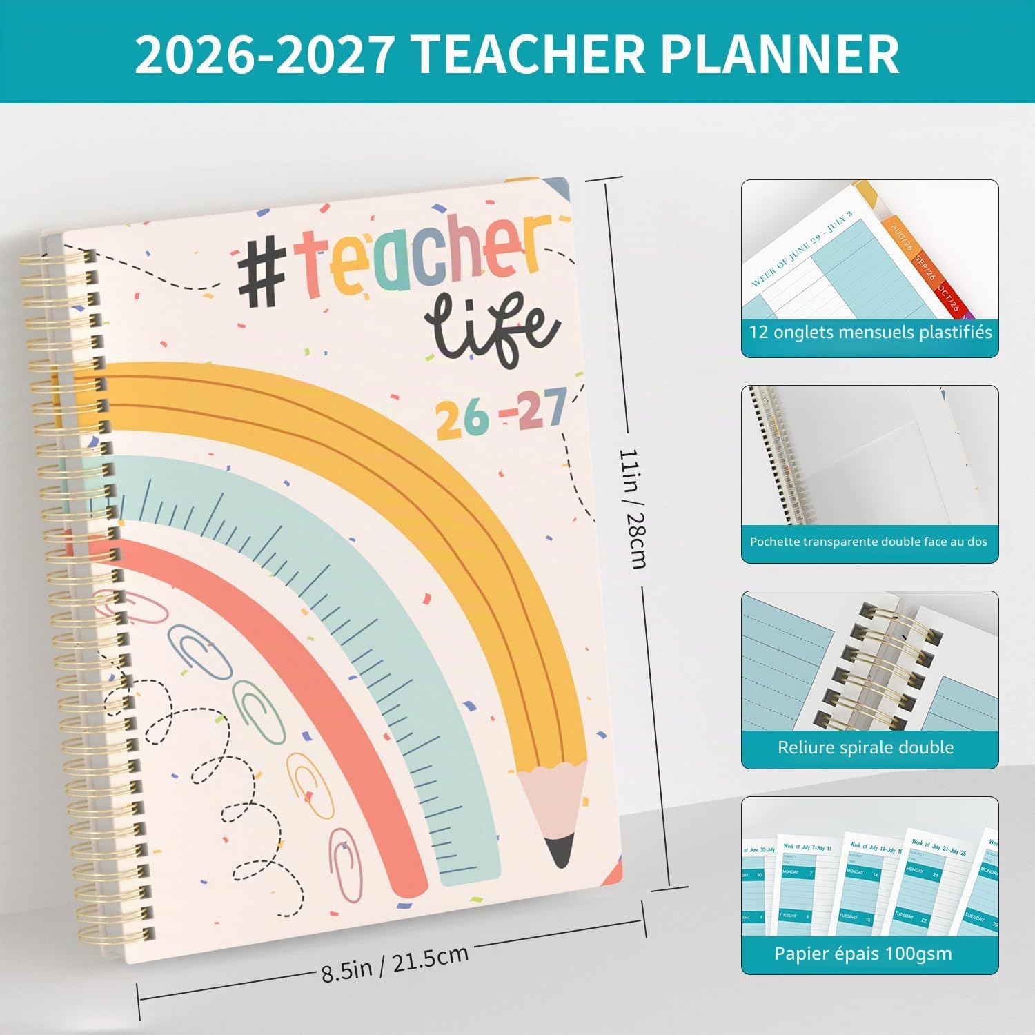 Planificateur d'enseignant 2026-27 journal académique 2026-2027 A4, juillet 2026 - juin 2027 planificateur d'enseignant, livre de planification pour assistant enseignant avec marqueurs de couleur
