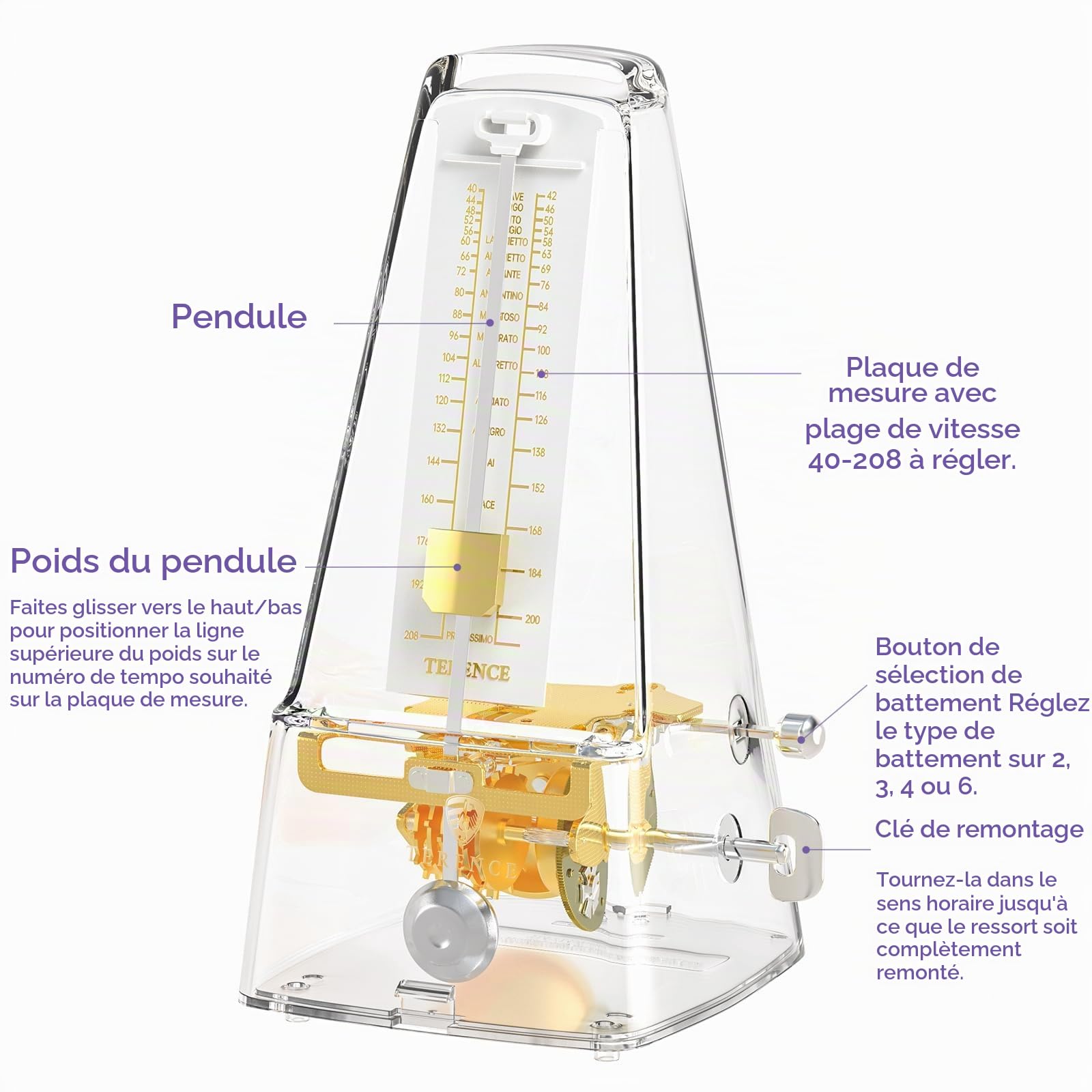 TERENCE Métronome Mécanique avec Minuterie et Tempo Précis Métronome en Métal Pour Guitare Piano Guitare Basse Tambour Violon Transparent