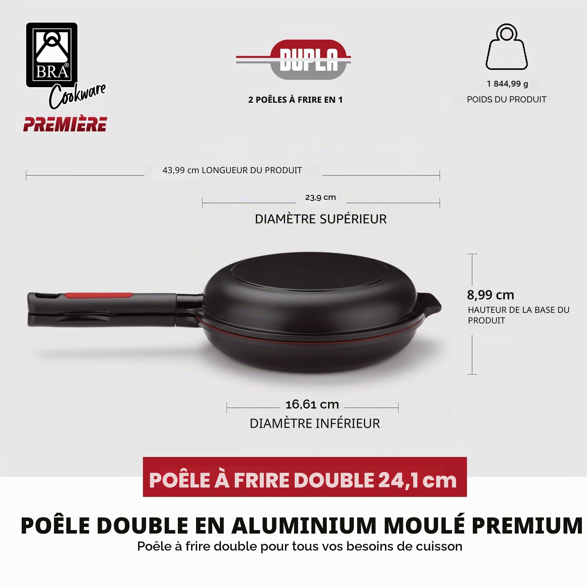 BRA Dupla Premiere Poêle Double à Omelette 24 cm, Noir, Fonte Aluminium Antiadhésif sans PFOA, Tous Feux Dont Induction