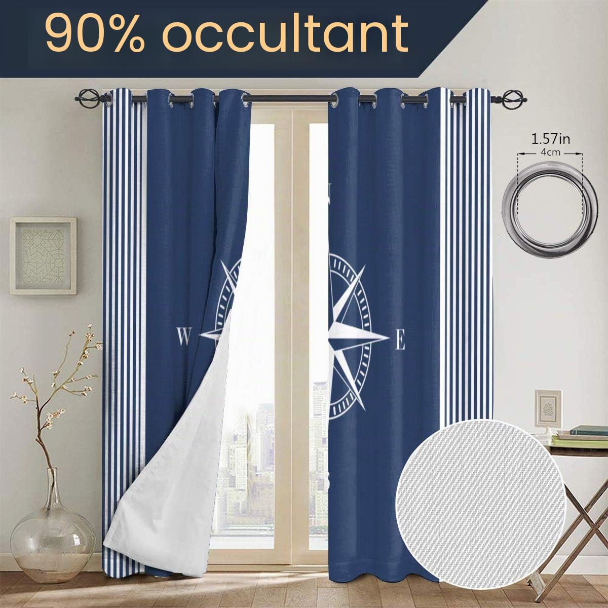 DmiGo Rideaux perforés,Ancres Bleu Marine à Rayures Nautiques Bleues avec Rideaux de fenêtre de Chambre à Coucher de Salon Blanc étoilé,2 Panneaux,260cmx180cm