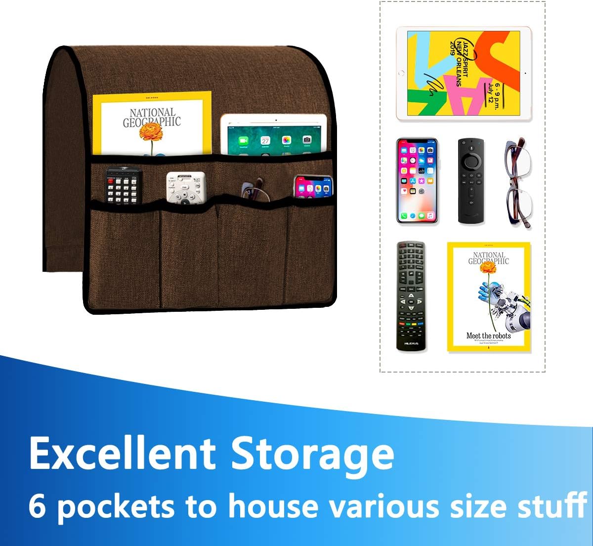 Guken Sofa Armrest Organizer Couch Caddy Over Arm Chair Organizer for Recliner Storage Pouch with 6 Handy Pockets for TV Remote Control, Magazine, Phones, Books, iPad, Gadgets(Brown, 19”X35”)
