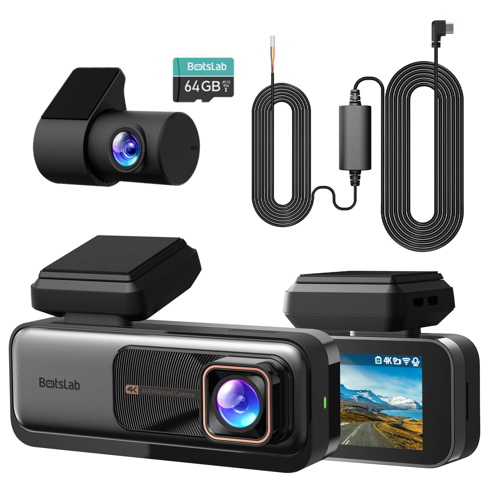 BOTSLAB 4k Dash Cam Front and Rear, 24/7 Parking Monitor with Hardwired Kit, 170° Ultra Wide Dashcam, ADAS, IMX415 Sensor, Night Vision, WDR, Loop