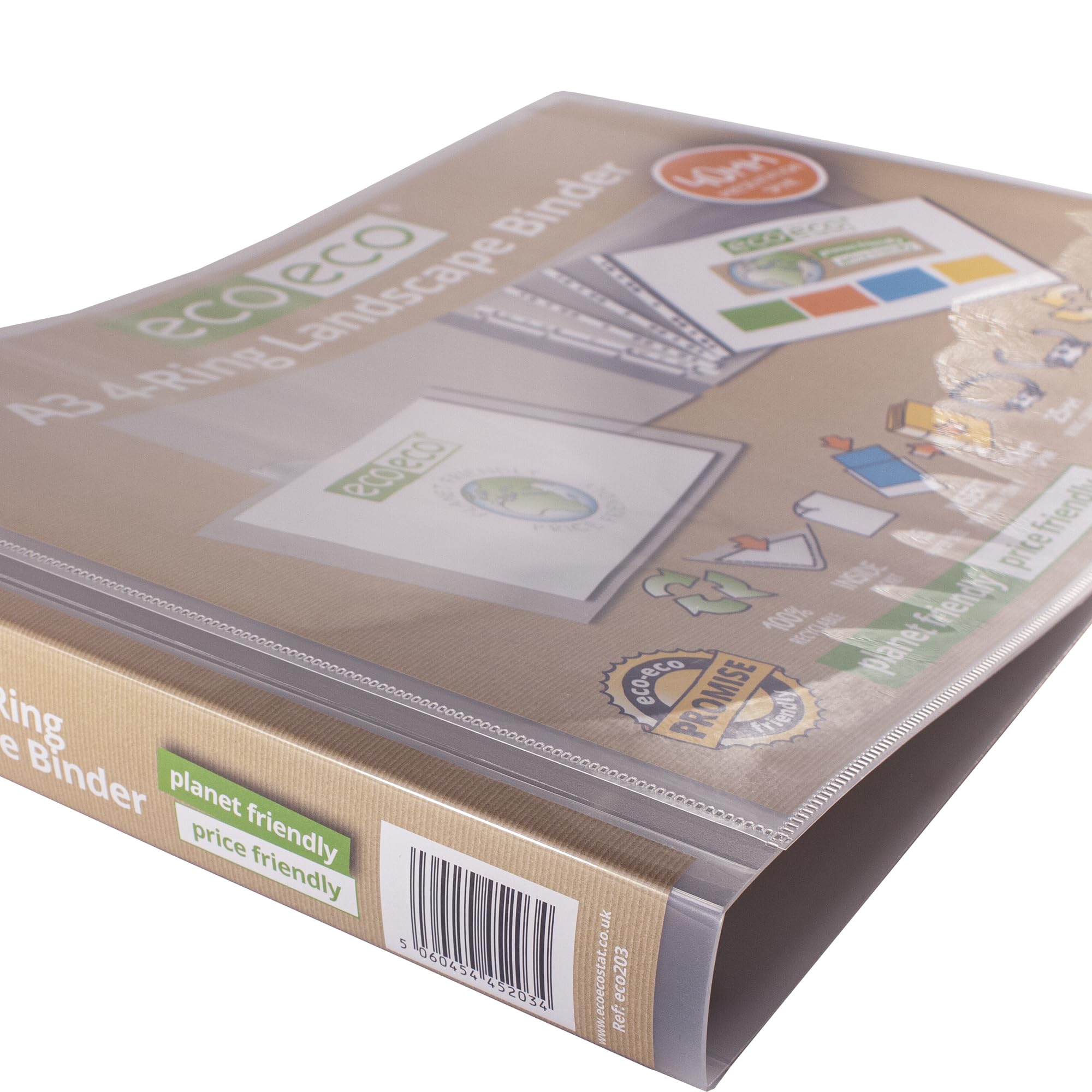 eco-eco Eco203 - Raccoglitore ad anelli, formato A3, 95% riciclato, 4-D, orizzontale, trasparente, dorso da 40 mm