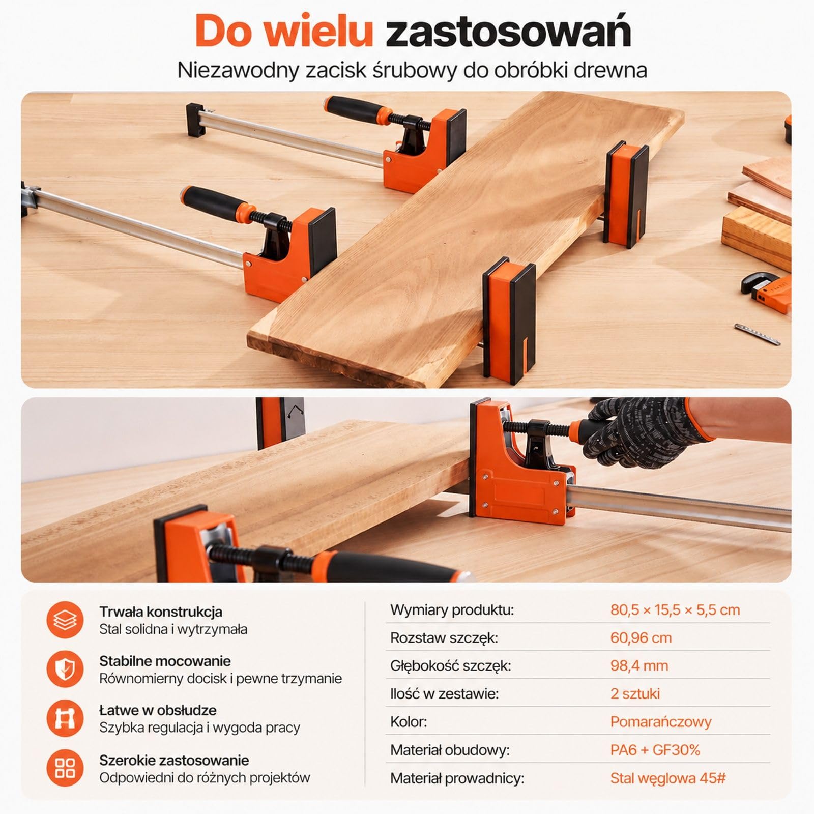 Zestaw 2 równoległych zacisków stolarskich typu F ze stali węglowej i tworzywa sztucznego, pomarańczowe, do stołu warsztatowego i obróbki metali