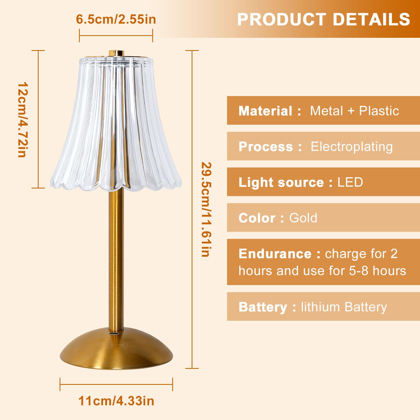 Goeco Lampe de Table LED Dorée, 5W 30cm Lampe de Chevet 3000K/4500K/6500K Veilleuse avec Abat-jour Acrylique en Forme de Jupe, Éclairage d'Ambiance avec Base Métallique pour Chambre à Coucher