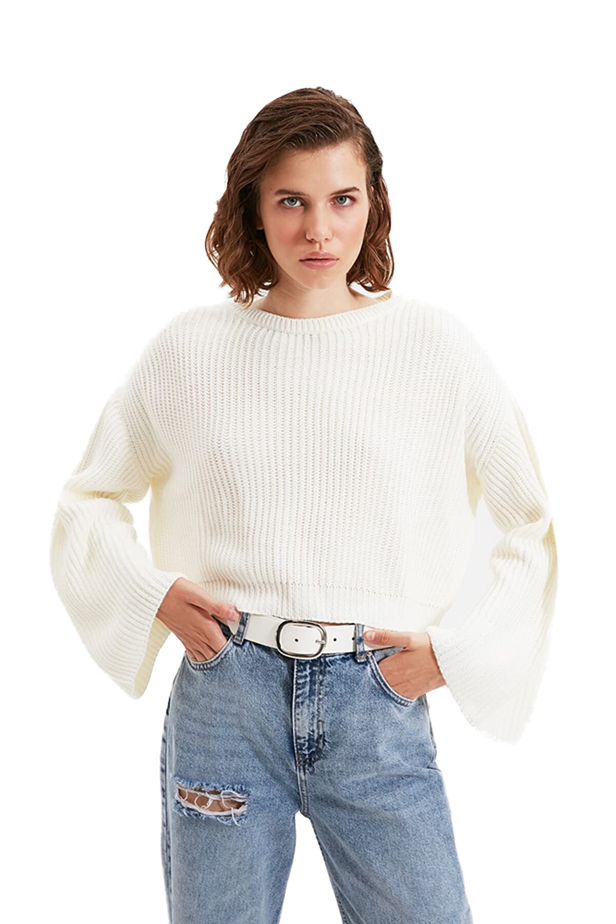 Trendyol Women's Ecru Oversize Basic Crew Neck Knitwear Sweater