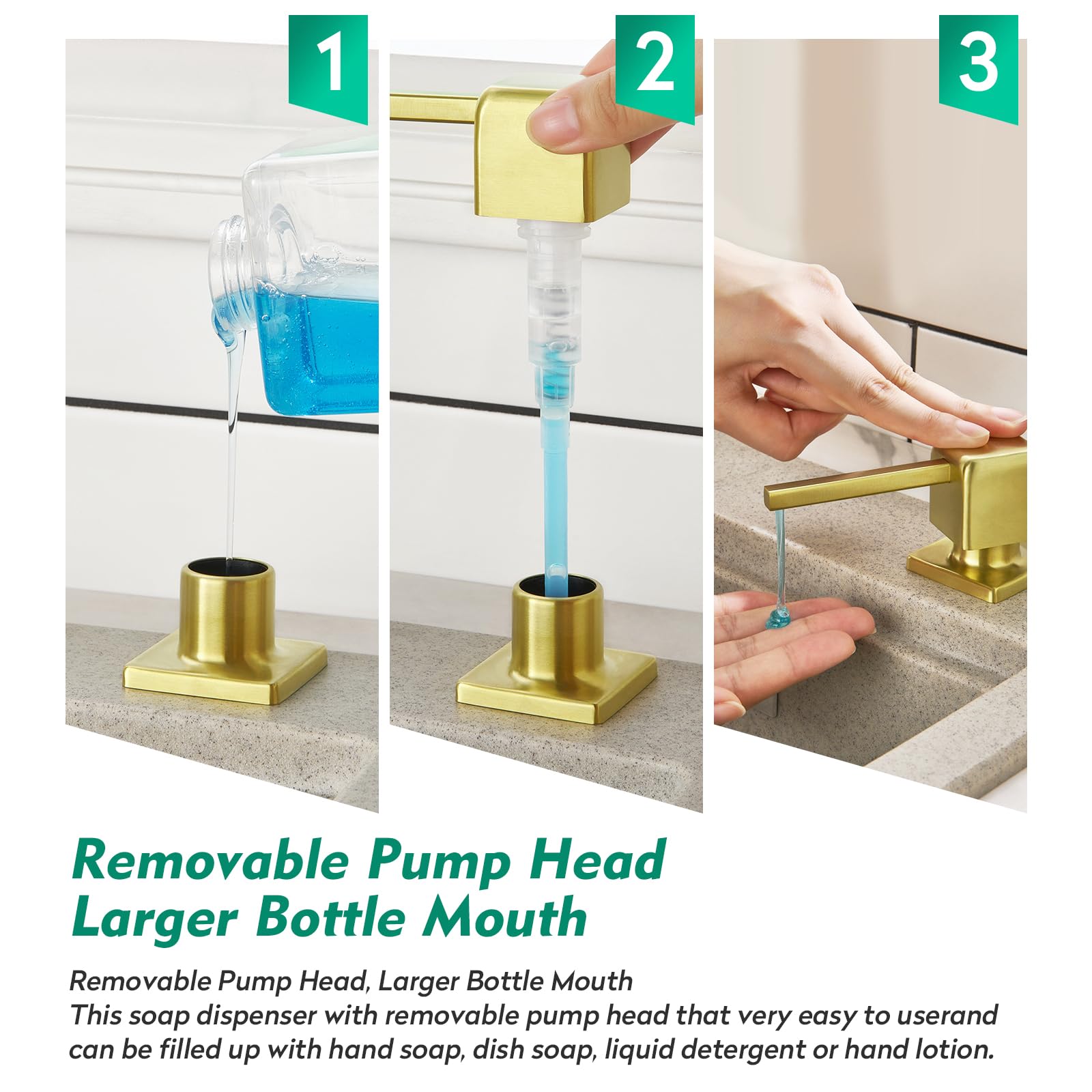 CREA Brushed Gold Countertop Soap Dispenser for Sink with 17 OZ Bottle and 39" Extension Tube Kit, Refill from The Top - Image 3