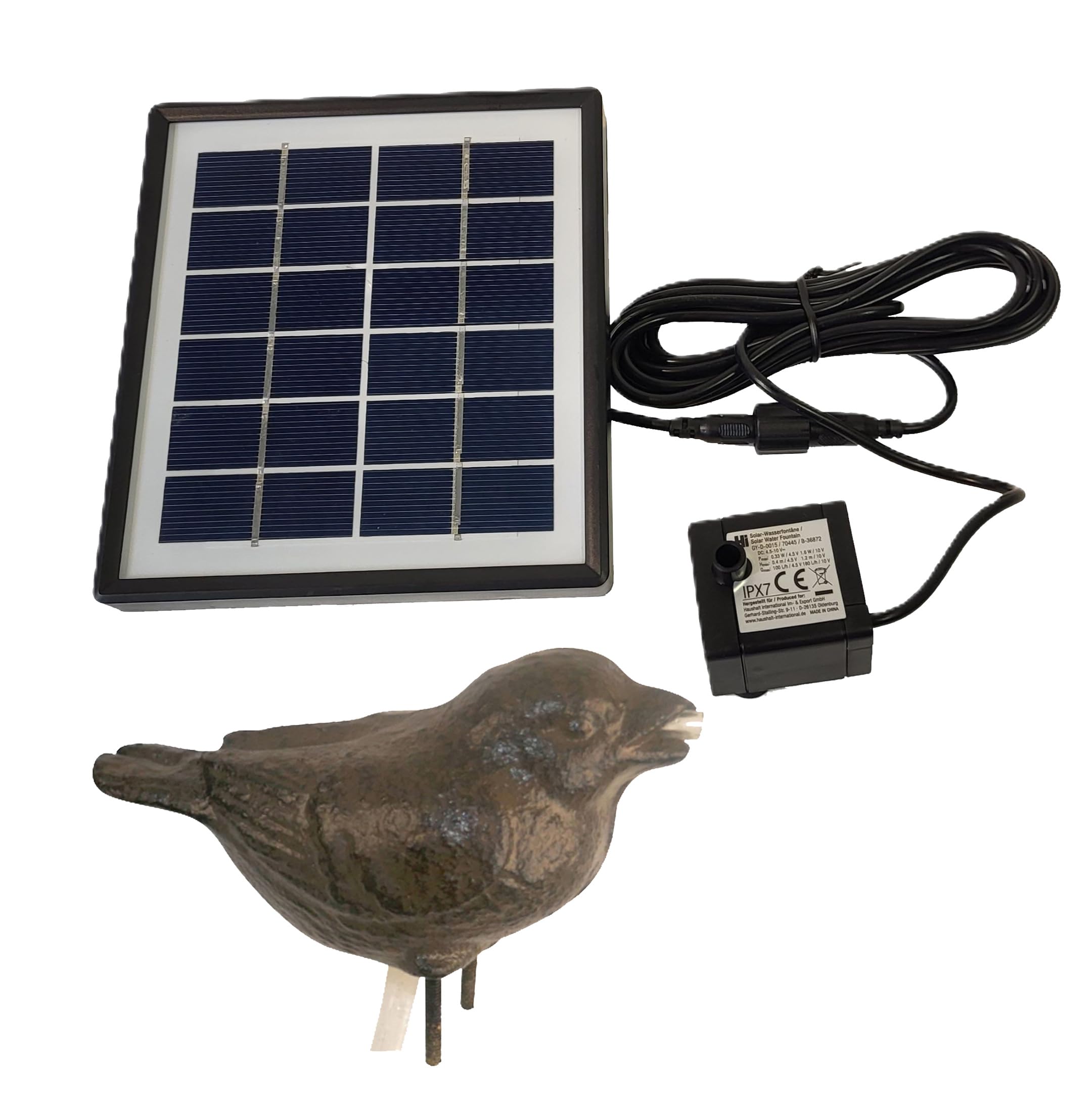 Storm's Gartenzaubereien Wasserspeier Spatz mit Solar- Pumpe, 2 Wahl Gusseisen für Miniteich