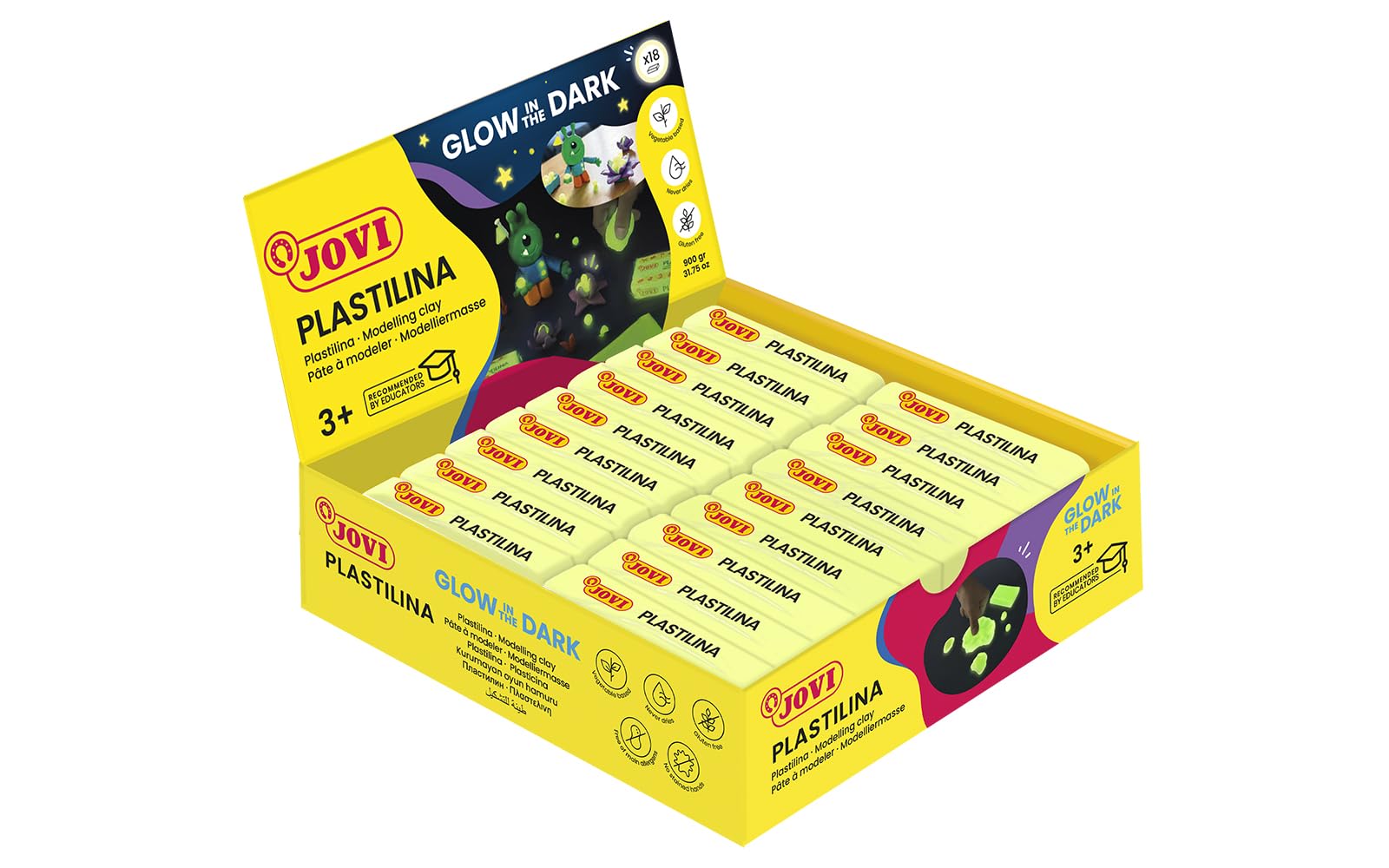 Jovi - Glow in the Dark Plasticine - Case with 18 Tablets of 50 g, Glow in The Dark Colour, Gluten Free (70/18G)