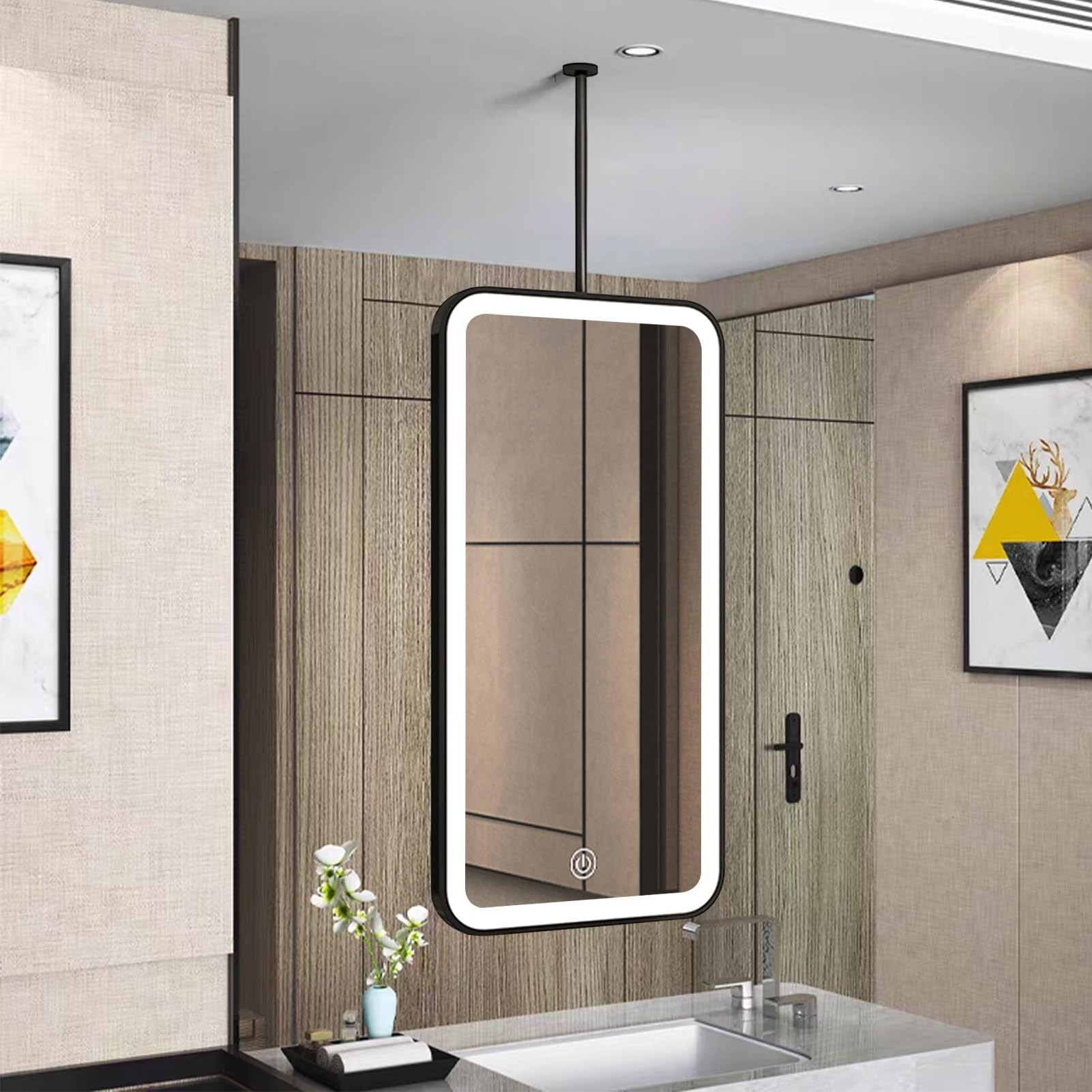 FGXHHS Rectangle Wall Mirror LED Illuminated Bathroom Hanging Rod Mirror, Black Ceiling Mounted Floating Mirrors for Vanity Make-up, 3 Colors Dimmable(40cmx70cm)