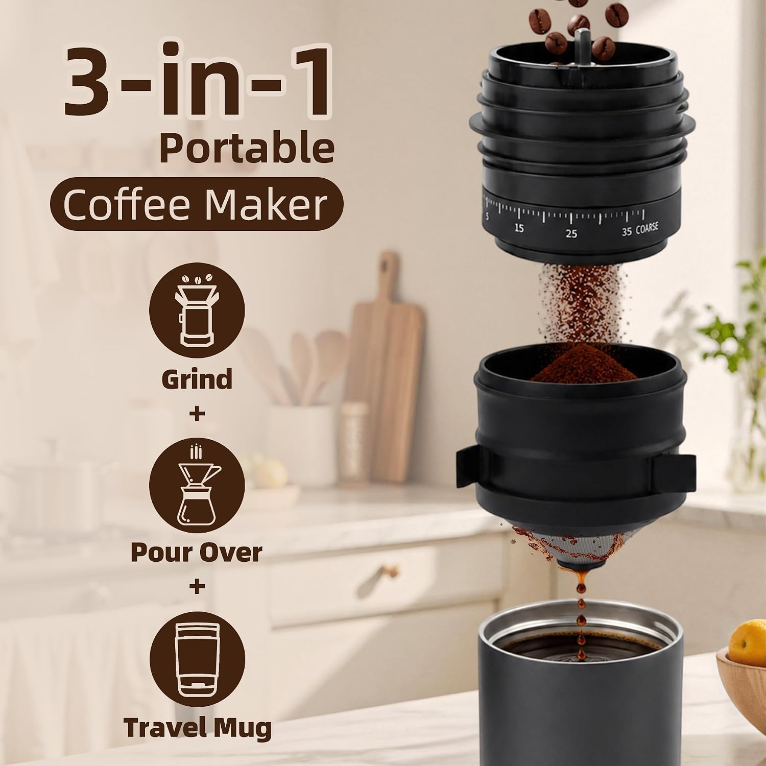 ShanSon Portable Coffee Maker with 38 Adjustable Grind Pour-Over Dripper image 3