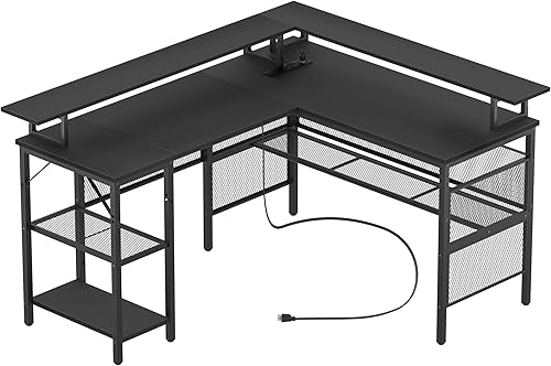 Miniatura 44 de Unikito Escritorio en forma de L con luz LED y toma de corriente, mesa de computadora de esquina reversible con soporte para monitor y estante de