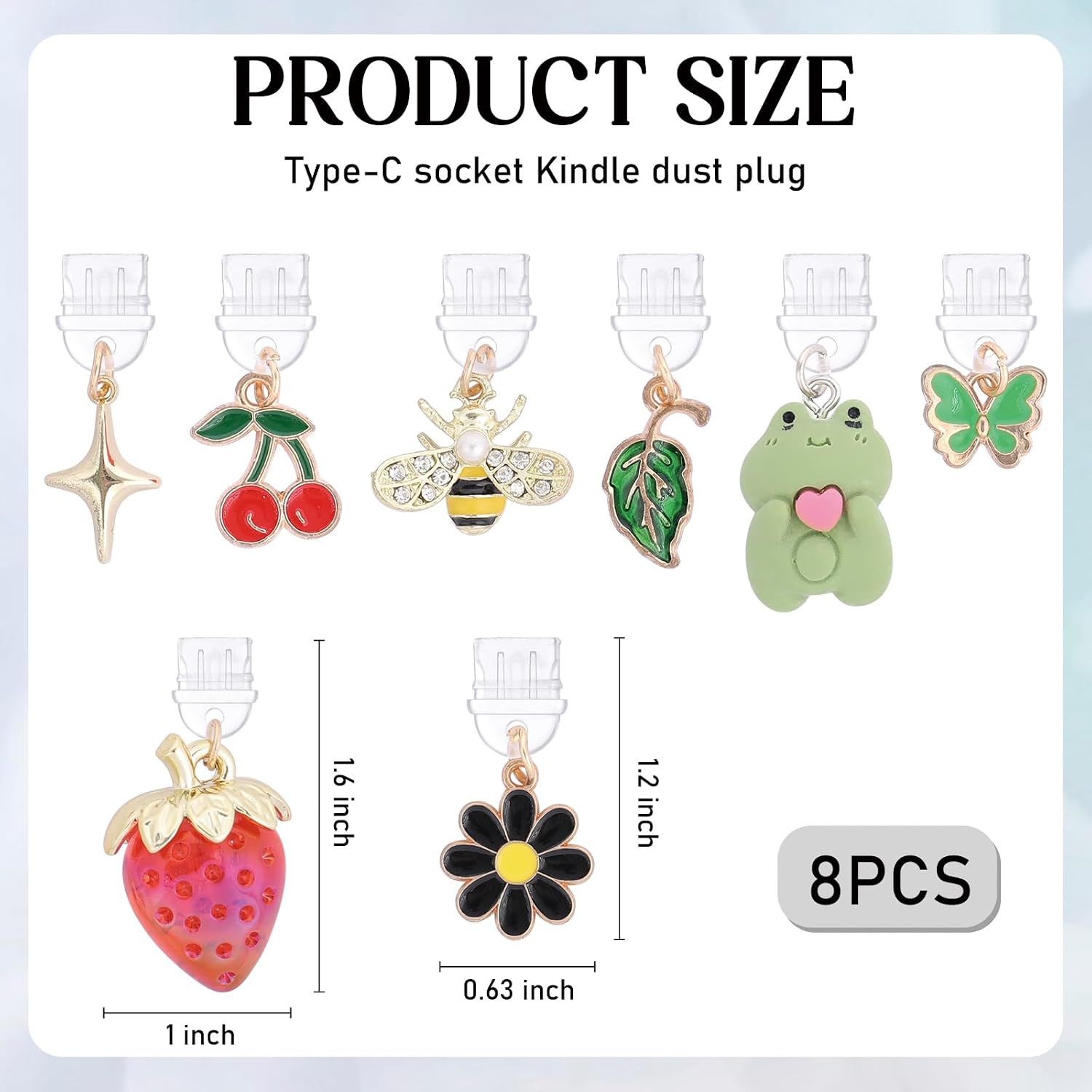 Dust Plug Charm for Kindle -8 Pack Strawberry and Frog Pendant Type C/USB C Anti-Dust Plugs, Phones Charms Gift for E-Reader Lover Teachers Students