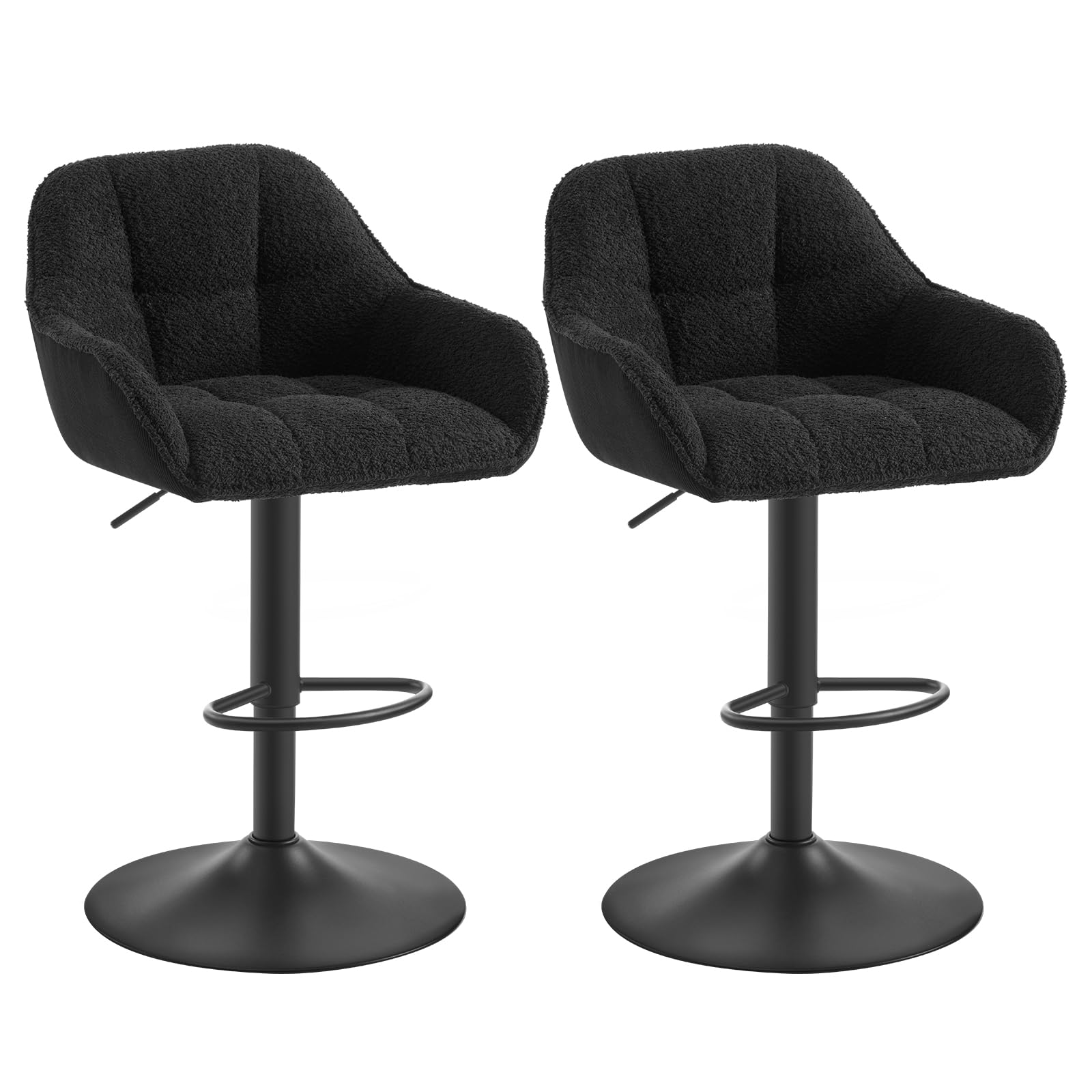 WOLTU Tabouret de Bar, Lot de 2, Chaise de Bar, Réglable en Hauteur, Siège Rembourré Pivotant, avec Dossier, Repose-Pieds, Chenille+Velours Côtelé, Noir, BH400sz-2