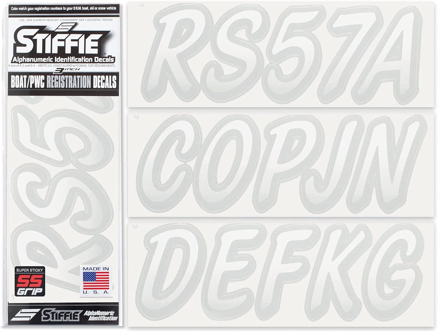STIFFIE Whipline White/Silver 3" Super Sticky Boat & PWC Registration Decals • Numbers Letters Stickers