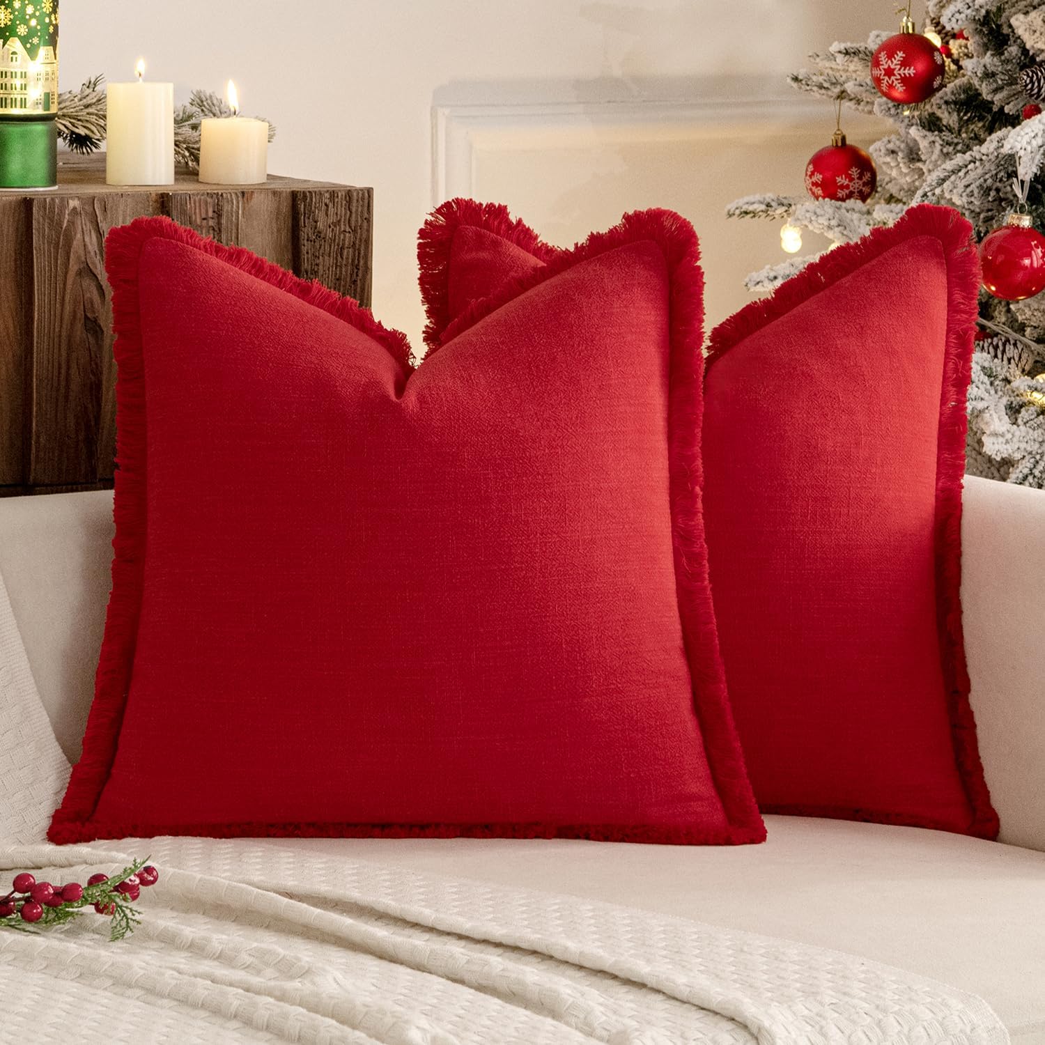 MIULEE Christmas Decorative Throw Pillow Covers Neutral Linen Fringe Throw Pillows Euro Shams Set of 2 Red Boho Farmhouse Cushion Covers with Tassels for Couch Sofa Bed Living Room Decor 24x24 Inch 24" x 24" (Pack of 2) Red 2