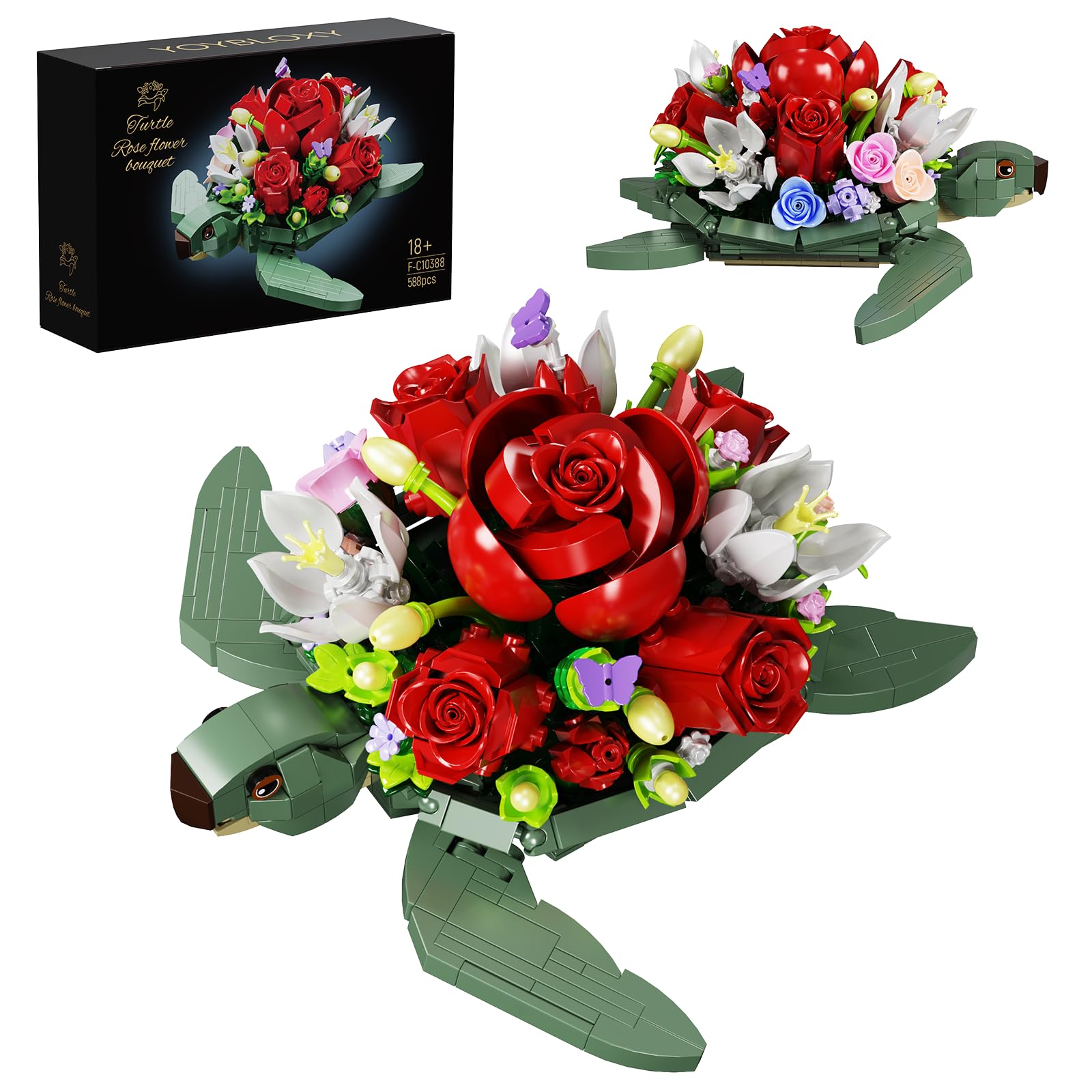ZIQILIGHTING Turtle Rose Planter Building Set, Flower Botanical Pot Collection Blocks Kit, Animals Botanical Gift for 8+ Girls, Women, Valentines Artificial Flower Decor (588PCS)