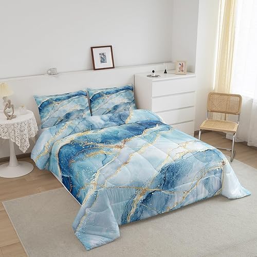 Miniatura 9 de Juego de edredón de arte abstracto, color verde azulado, azul, dorado, textura de mármol, juego de edredón de lujo natural para niños y niñas,