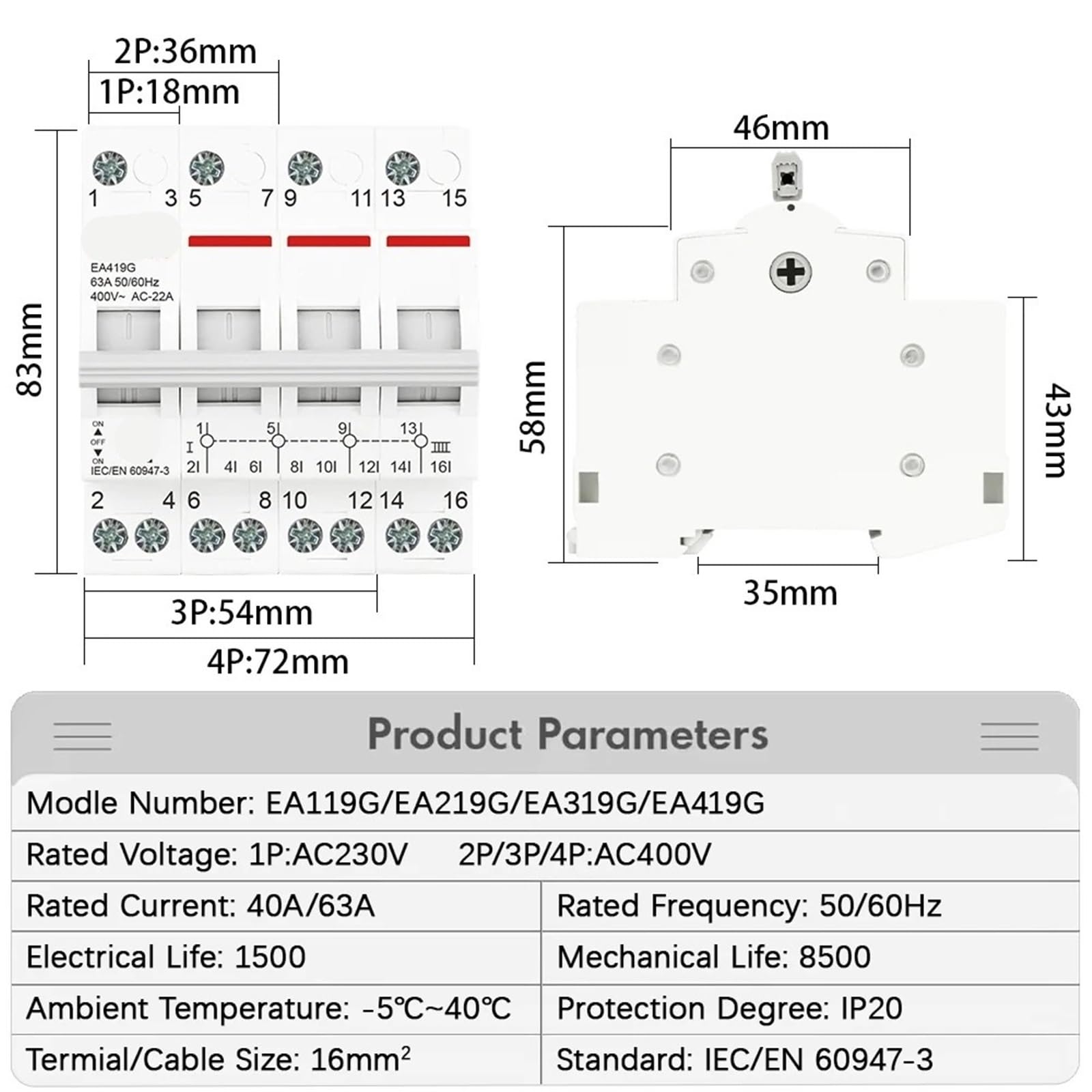 Din Rail Modular MTS Dual Power Manual Transfer AC Isolating Discounnecting Switch Circuit Breaker 1Pcs(2P,40A)
