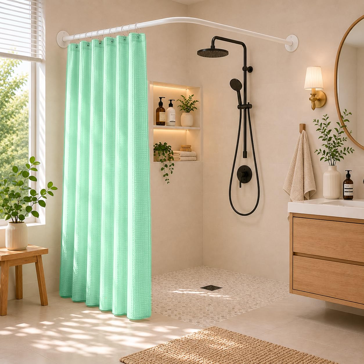 L-Form Teleskop Duschvorhangstange Ausziehbar (60-93 x 60-93 cm) Weiß – Edelstahl Eckduschstange, Montage Ohne Bohren & mit Bohren, Rostfrei, Inkl. 12 Ringen