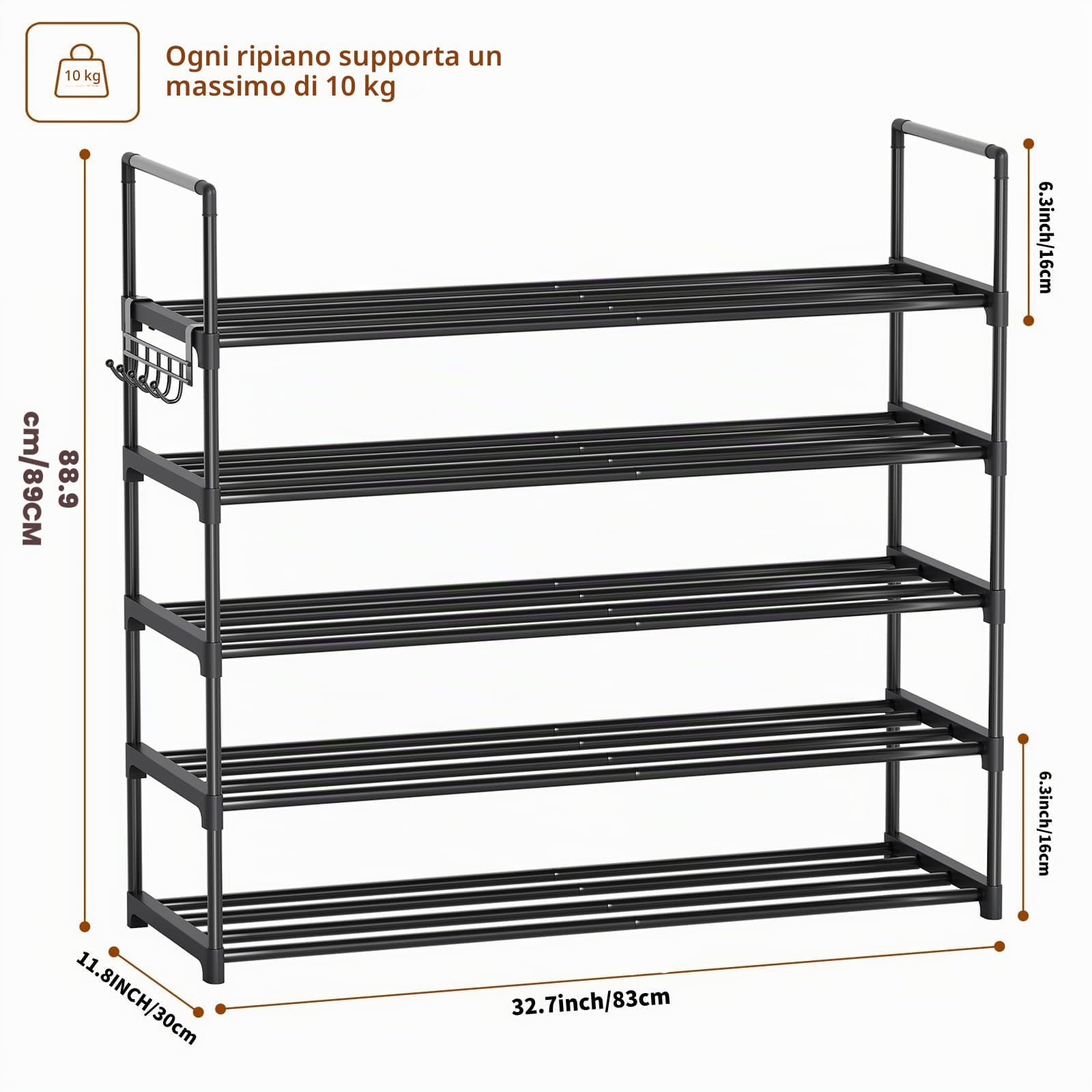Scarpiera 5 Ripiani, Scarpiera Salvaspazio in Metallo, Porta Scarpe Verticale o Capovolta, per 20–30 Paia di Scarpe, Scaffale Salvaspazio Impilabile, Scarpiera Ingresso o da Esterno, Nera