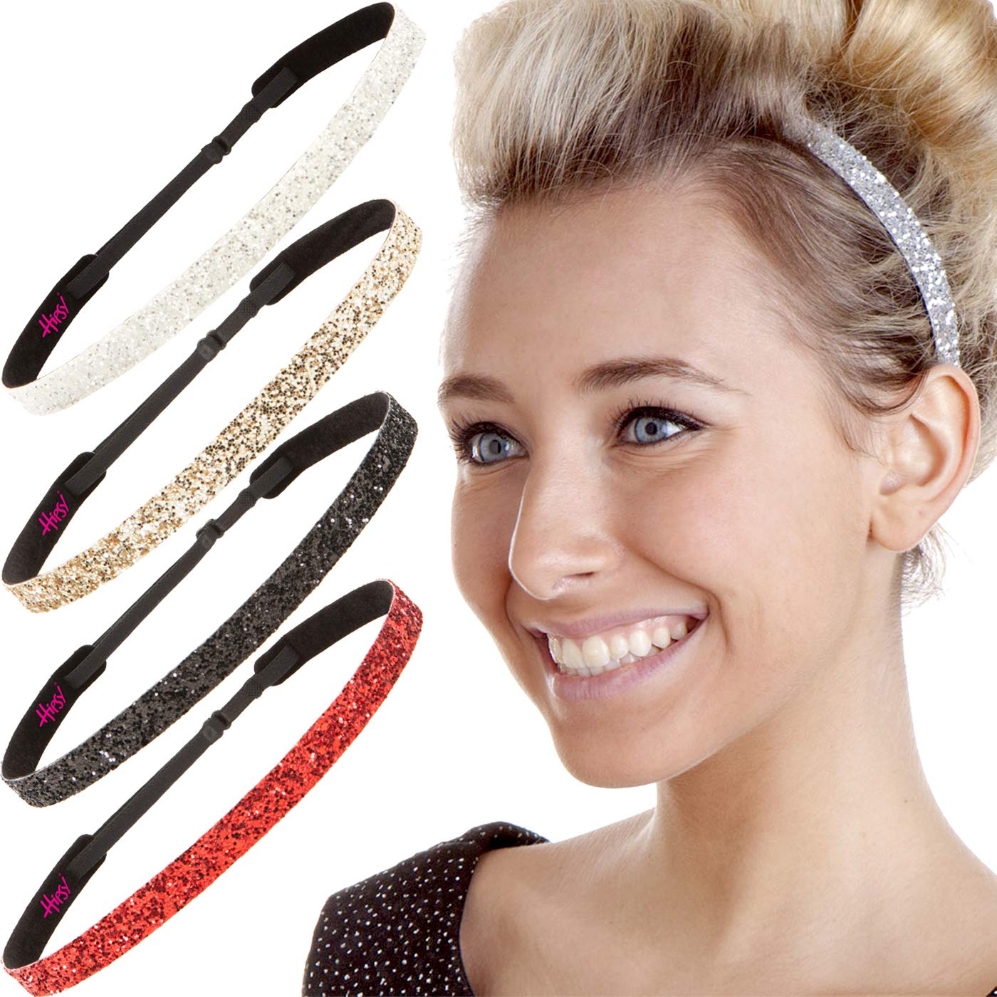 Hipsy PETITE Size, Adjustable No Slip Sparkly Bling Glitter Skinny 5pk Headbands for Women Girls & Teens (Skinny Silver/Red/Black/Gold/White)
