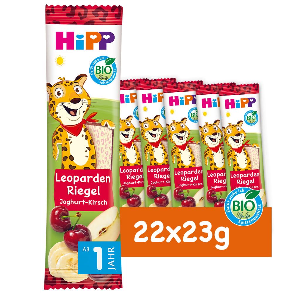 HiPP Leoparden Riegel Joghurt-Kirsch in Banane (22 x 23g), ab 1 Jahr, Süße nur aus Früchten, in bester Bio-Qualität